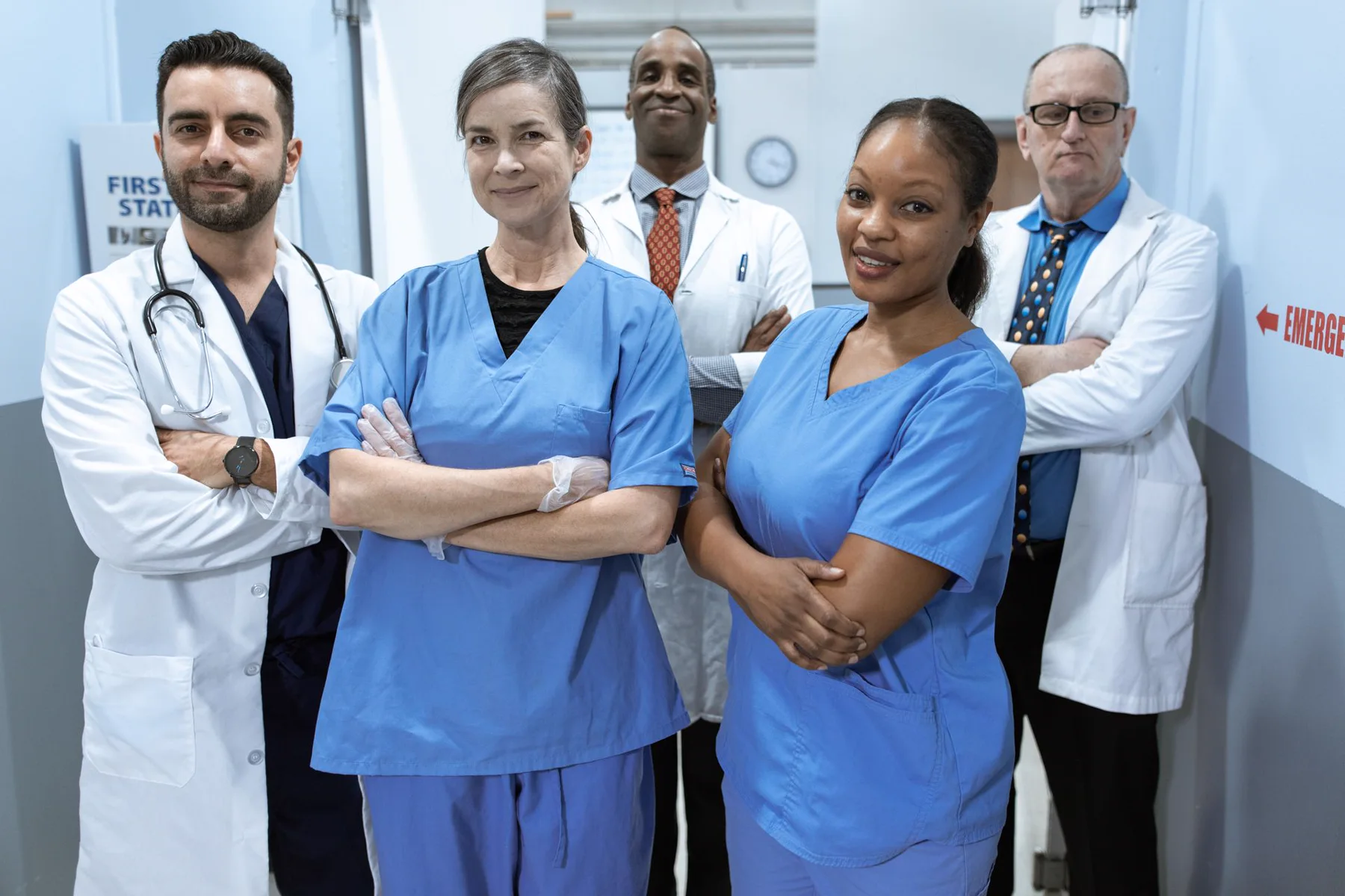 A diverse team of doctors and nurses in a hospital